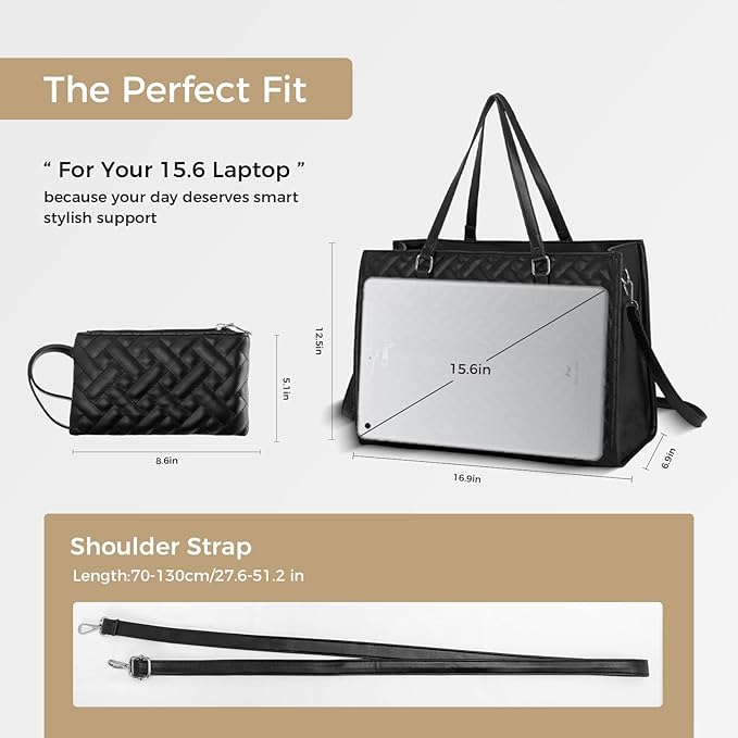 Lunch Tote Bag for Women, 15.6 inch Work Laptop Bag with Insulated Lunch Compartment - PU Leather Quilted Large Computer Handbag with Purse for Office Travel Casual - Black