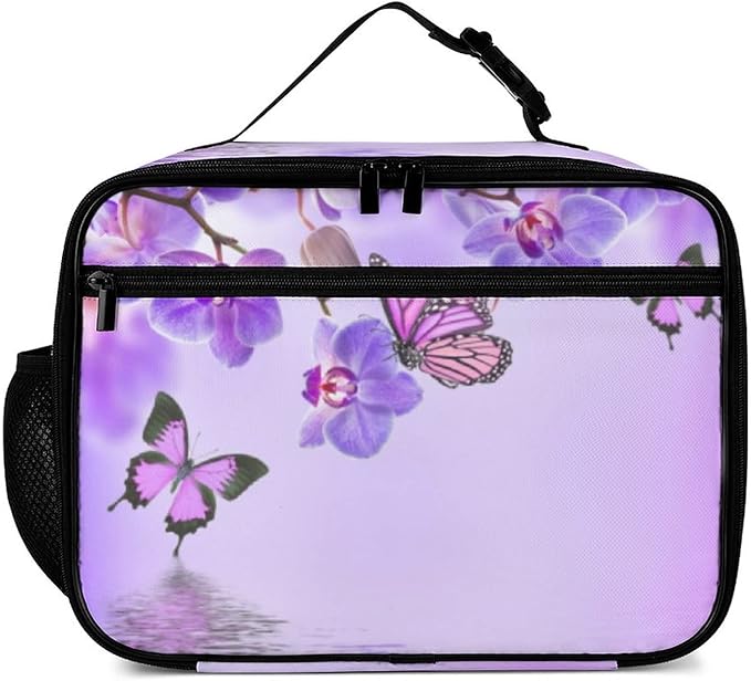 Orchids Butterfly Reusable Lunch Box Insulated Lunch Bag Cooler Bag Lunchbox Meal Food Container Tote Bag for Women Kids Girls School Camping Hiking Picnic Beach Travel