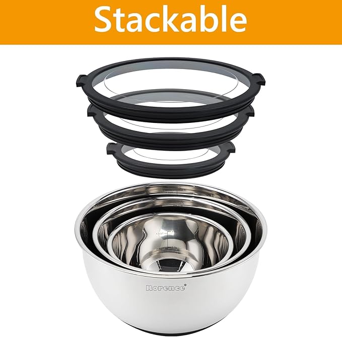 Rorence Stainless Steel Mixing Bowls with Transparent Lids Set, Nesting Metal Salad Bowls with Non-slip Silicone Bottom for Kitchen, Set of 3-1.5QT, 3QT, 5QT, Dishwasher Safe, Black