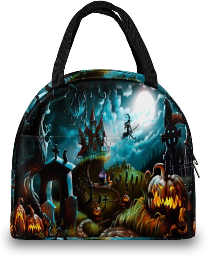 Insulated Lunch Bag for Women Men Halloween Witch Castle Pumpkin Waterproof Thermal Tote Bag Reusable Lunch Box Container Lunch Holder Leakproof Lunch Cooler Bag Picnic Travel Work
