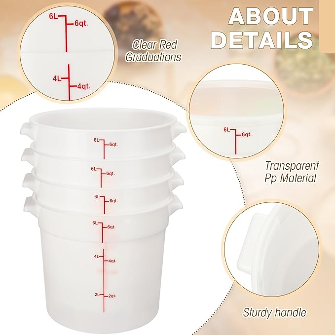 Hushee 4 Pcs Commercial Food Storage Containers Round PP Food Storage Containers with Lids for Pantry Translucent Plastic Tubs with Lids for Storage Food Safe Bucket with Scales and Handles (6 Quart)