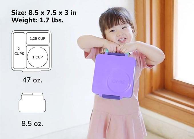 OmieBox Bento Box for Kids - Insulated Bento Lunch Box with Leak Proof Thermos Food Jar - 3 Compartments, Two Temperature Zones - (Purple Plum) (Single)