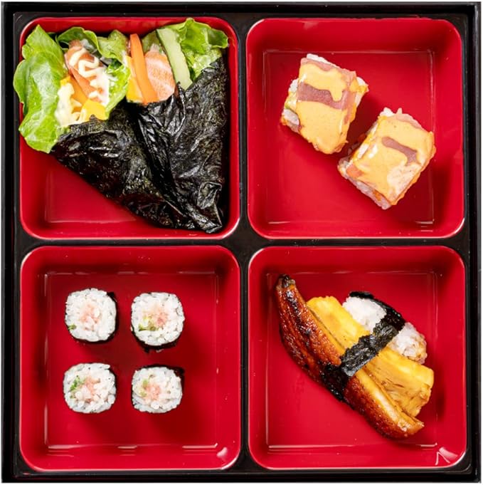 Restaurantware-10 x 2.4 Inch Compartment Lunch Container, 1 Japanese Style Adult Lunch Container - With 4 Compartments, Greaseproof, Black & Red Plastic Divided Lunch Box, For Hot & Cold Food