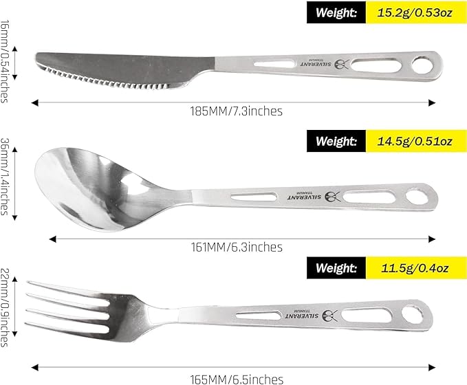 Titanium Camping Flatware, Knife Fork & Spoon 3 Piece Camping Cutlery Set Lightweight Tableware for Lunch Box Outdoor Camping & Hiking, Comes with Drawstring Bag & Carabiner- Polished