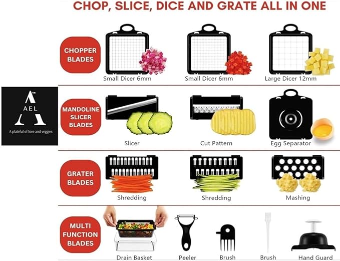 26 in 1 Ultimate Vegetable Chopper – Multi-Function Vegetable Slicer for Slice, Dice, Chop, Grate and Spiralize - Hand Kitchen Slicer for Food and Salad - Time-Saving Kitchen Essential