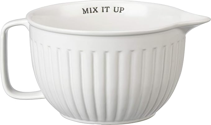 Primitives By Kathy Ribbed Texture Stoneware Batter Mixing Bowl (Mix It Up), White, 9" x 7" x 4.25"