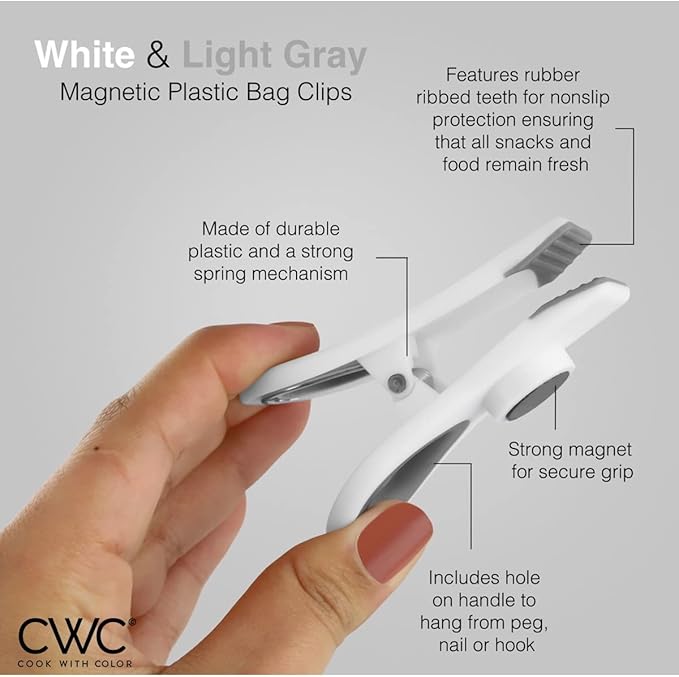 COOK WITH COLOR Bag Clips with Magnet- Food Clips, Chip Clips, Bag Clips for Food Storage with Airtight Seal Grip for Bread Bags, Snack Bags and Food Bags (White, Pack of 10)