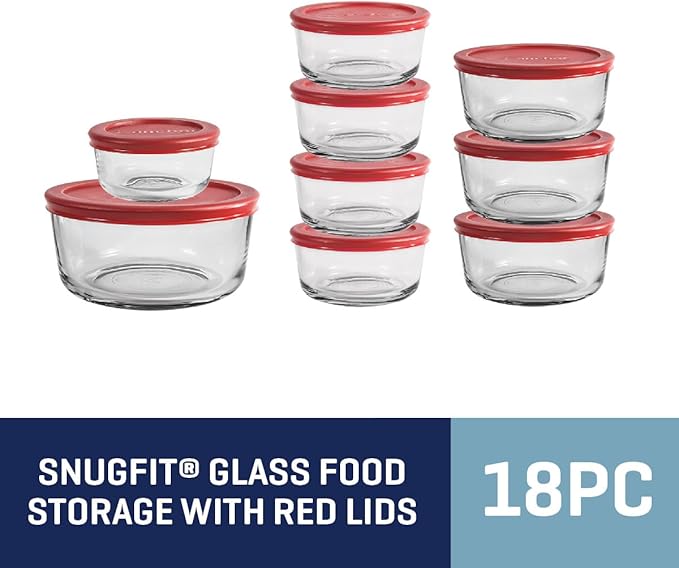 Anchor Hocking 18 Piece Glass Storage Containers with Lids (9 Glass Food Storage Containers & 9 Red SnugFit Lids)