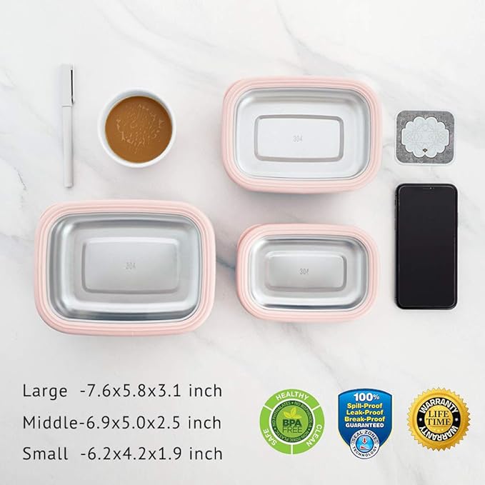 Lille Home Leak Proof Stainless Steel Lunch Snack Containers Set - Ideal for Educational Settings and Daycare - Nesting Trio with Silicone Lids - 47oz+30oz+16oz - Pink