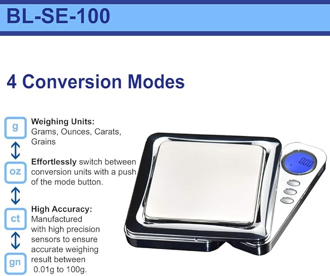 Blade Series Digital Precision Pocket Weight Scale with Silicone Mat, Chrome, 100g x 0.01g (BL-100-CH-SE) - American Weigh Scales