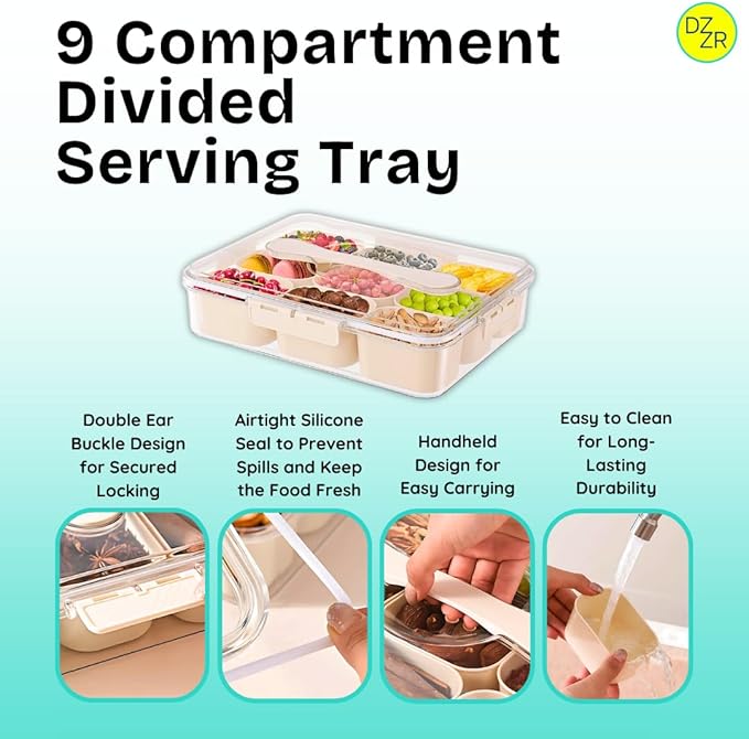9 Compartment Snack Box Container (Set of 2) – Snack Tray with Lid, Vegetable Tray, Charcuterie Container, Multipurpose Food Storage for Snacks, Vegetables, Fruits, and More