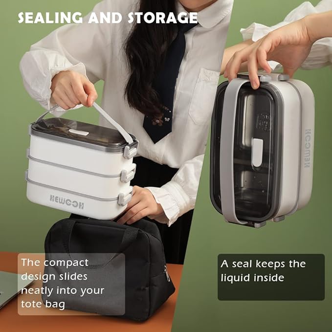 HEWOOH Large Bento Box Adult Lunch Box (74 Oz Large Capacity), Reusable, Including Lunch Bag, Fork And Spoon, 3 Dividers, Suitable For Work, Picnic, Dishwasher And Microwave Safe.(White)