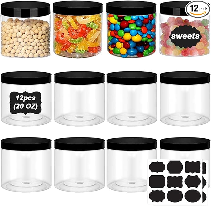 Round Plastic PET Storage Jars Clear Plastic Jars With Lids 20 Oz Clear PET Plastic Jars with Lids Refillable Storage Jar for Storing Dry Food, Spice, Cookie, Nuts, Kitchen Food, 12 Pack