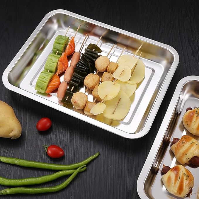 Breading Trays Set of 3 Stainless Steel Breading Pans for Dredging Chicken Breasts and Marinating Meat, Food Prep Trays (12.4" x 8.5" x 1.9")