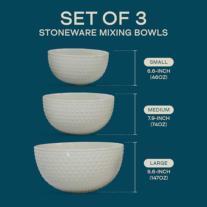 Gibson Elite 3-Piece Stoneware Mixing Bowl Set, 6.6", 7.9", 9.6" - Modern Stoneware Dishware, Dishwasher Safe & Microwave Safe - Space-Saving & Stackable Bowl Set for Cooking, Baking, Serving (Grey)