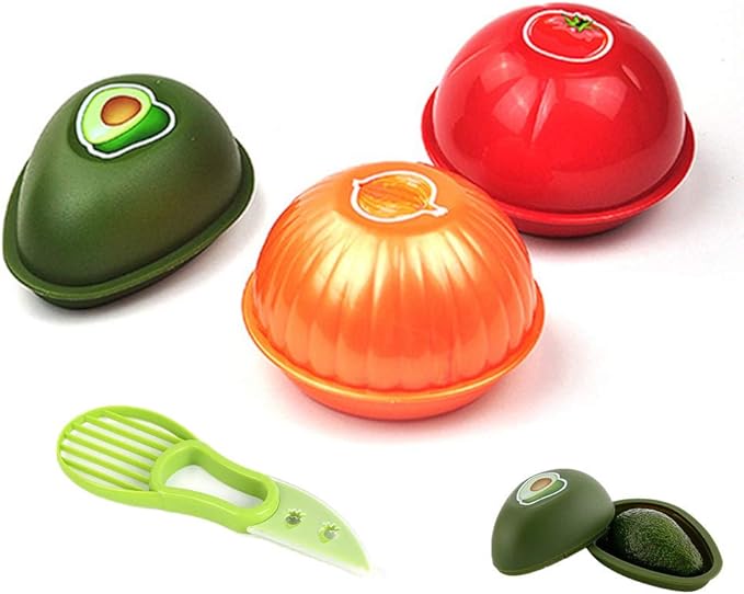 Onion, Tomato, and Avocado Keepers + Avocado Slicer/Cutter Set, Vegetable Shaped Food Savers, 2 Silicone Reusable Beer Saver Caps as Gift
