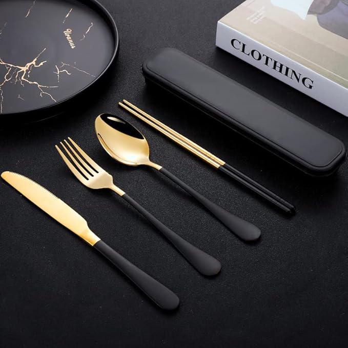Black Portable Flatware Cutlery Set, TWUTGAYW Stainless Steel Travel Utensils with Case, Reusable Chopsticks Knife Spoons and Forks Set, Gold Camping Utensils Set for Lunch, Office, School, Picnic