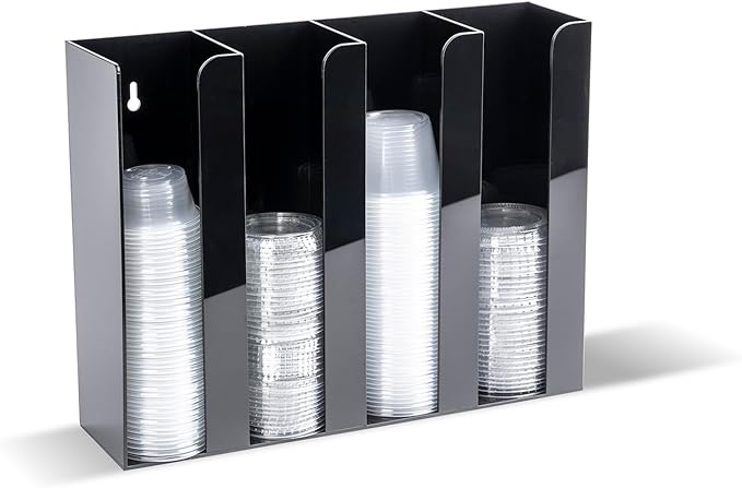 Portion Cup and Lid Holder - 4 Compartment Acrylic Organizer for Condiment & Sauce Cups, Fits Cups 2 oz to 5.5 oz in Size, Use Dispenser on Countertop or Wall Mount