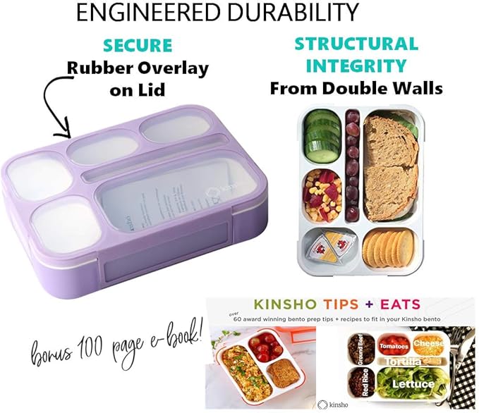 kinsho Bento Box for Kids Women - 6 Compartment, Leak-Proof Lunchbox for School, Portion Control & Meal Prep Containers, Reusable, BPA-Free Snack Container - Includes Utensil Set & E-Book, Purple