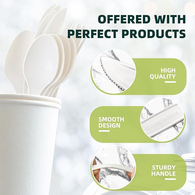 200 Count Biodegradable Cutlery Set Eco-Friendly Compostable Utensils Heavy Duty Disposable Silverware 75 Forks, 75 Spoons, 50 Knives for Parties Picnics Travel BBQ