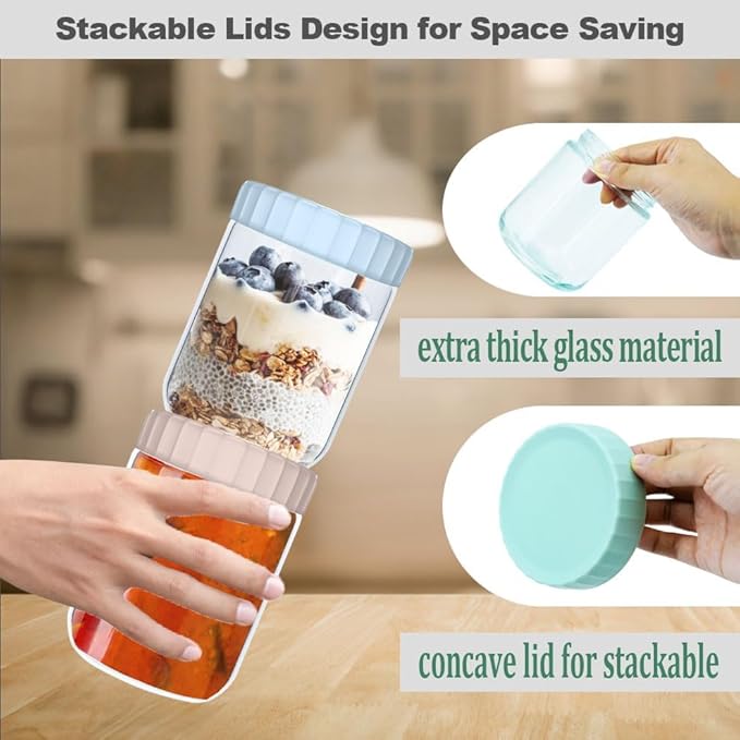 6 Pack 16Oz Glass Jars with Lids, Overnight Oats Containers with Lids, Wide Mouth Mason Jar Reusable Airtight Glass Food Storage Containers for Snacks Salad Yogurt Cereal Meal Prep Leak Proof