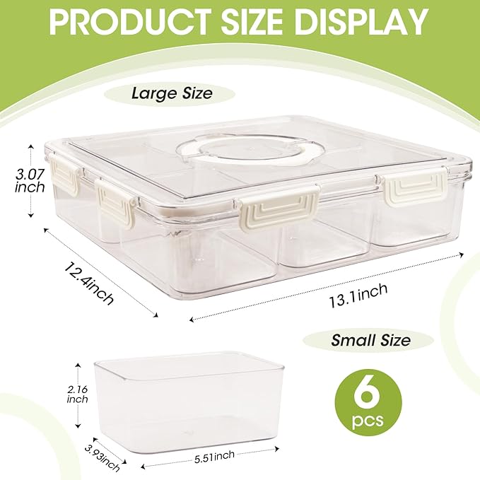 2PCS Divided Serving Tray with Lid & Handle, 6 Compartment Removable Snack Box, Kitchen Organizers and Storage, Snackle Box Container, BPA-Free Fruit Storage Container for Berry, Snack, Candy, Nuts…