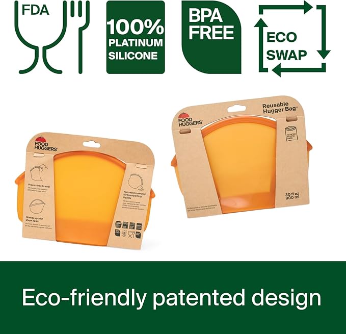Food Huggers Hugger Bags Silicone Reusable Lunch & Snack Bag Durable Storage, BPA Free, Dishwasher & Freezer Safe, Stand-Up Resealable Produce Pouch | Large 30 fl oz, Amber