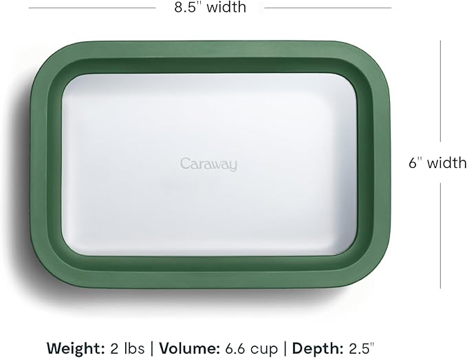 Caraway Glass Food Storage, 6.6 Cup Glass Container,Ceramic Coated Food Container,Easy to Store, Non Toxic, Non Stick Lunch Box Container with Glass Lids. Dishwasher, Oven,Square Shape,Sage