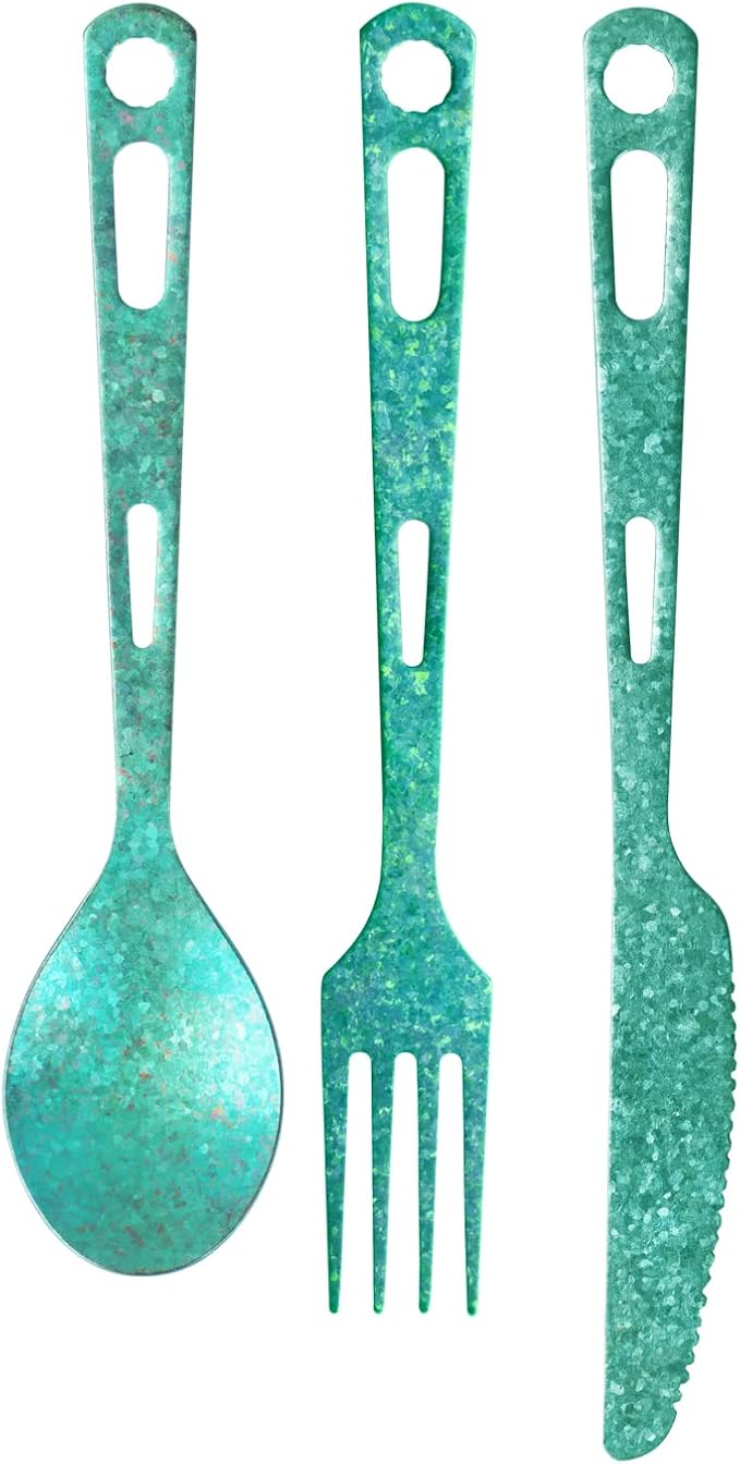 Titanium 3 Piece Cutlery Set, Extra Strong Ultra-Lightweight Durable Knife Fork & Spoon Tableware for Outdoor Camping & Hiking, Comes with Drawstring Bag & Titanium Carabiner-Green