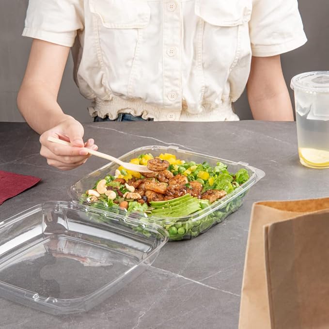 Restaurantware Thermo Tek 45.7 Ounce Clamshell Containers 100 Anti-Fog To Go Food Containers - Freezable Rectangle Clear Plastic Food Packaging Containers Disposable