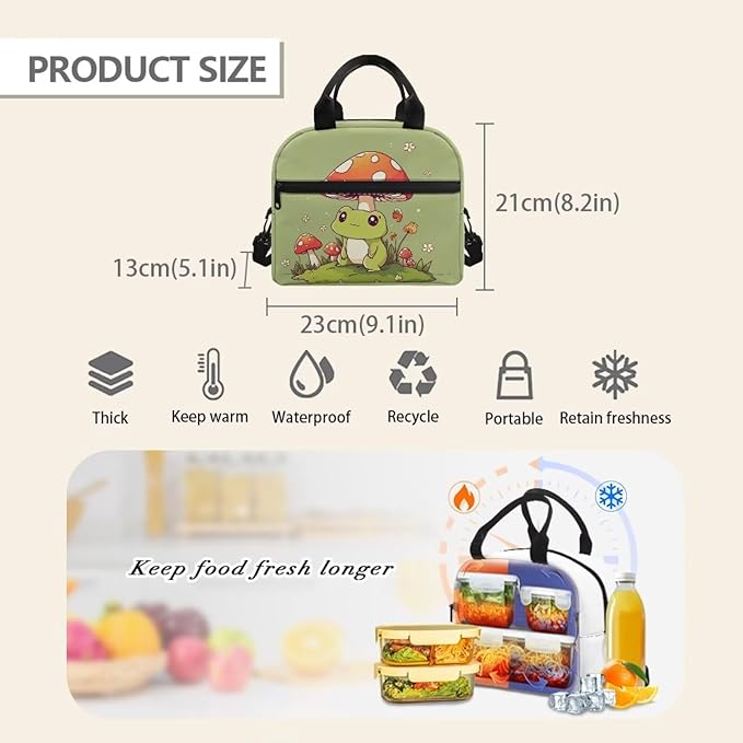 Showudesigns Cute Mushroom Frog Lunch Box for Girls Kids Insulated Lunch Bag Reusable Shopping Bag Keep Food Cold and Warm Crossbody Tote Bags Travel Picnic Organizers