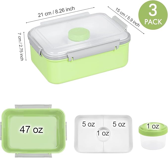 3 Pack Salad Lunch Box Food Storage Containers, 47oz Bento Box To Go Container with Lids, Meal Prep Containers with Removable Tray & Dressing Pots for Kids and Adults, Reusable and Microwavable