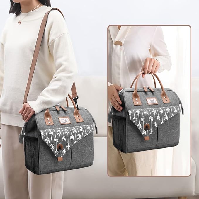 Lekesky Lunch Bag for Women Large Lunch Box Leakproof Cooler Purse for Adults, Cute Insulated Lunch Tote for Work, Lunchbag with Side Pockets and Adjustable Shoulder Strap, 15L, Grey