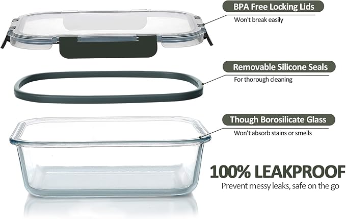 M MCIRCO 10-Pack Glass Food Storage Container with Lids, Airtight Glass Lunch Bento Boxes, Leak Proof Glass Meal Prep Container,Microwave, Oven, Freezer and Dishwasher Friendly