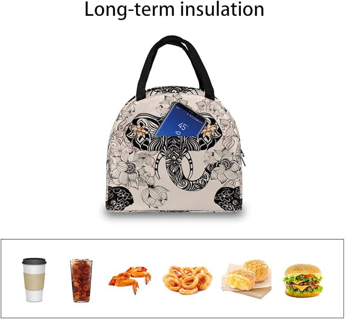 Insulated Lunch Bag for Women Men Elephant Ethnic Flower Waterproof Thermal Tote Bag Reusable Lunch Box Container Lunch Holder Leakproof Lunch Cooler Bag Picnic Travel Work