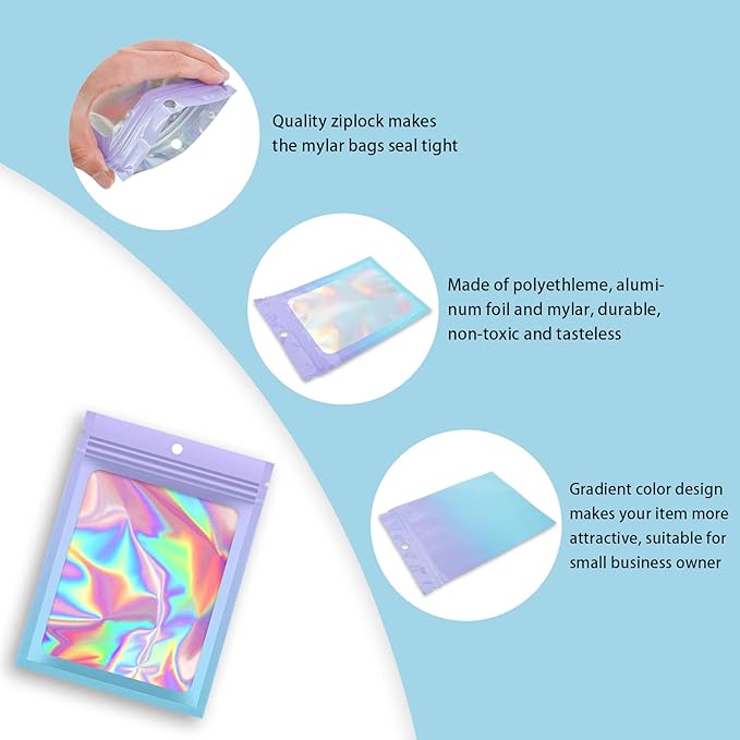 100 Pieces Resealable Mylar Bags, Smell Proof Bags with Clear Window for Food Storage Party Favor Packaging Small Business (Purple&Light Blue, 3.5×4.7 Inch)