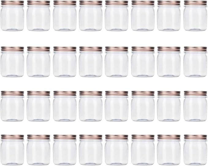 Novelinks 8 Ounce Clear Plastic Jars With Rose Gold Lids - Refillable Round Containers for Kitchen & Household Storage - BPA Free (32 Pack)