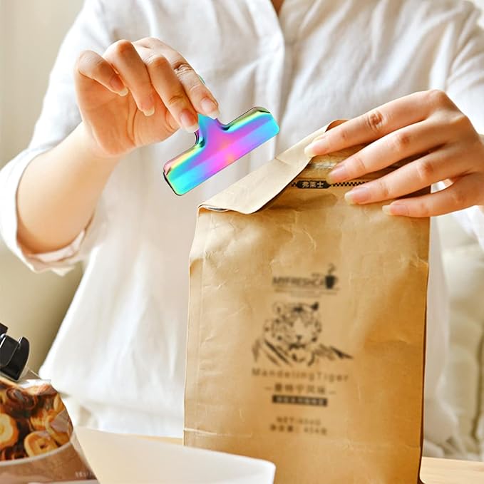 Pack of 8 Bag Clips, Stainless Steel and Heavy Duty Metal Bag Clip,Tightly Seals Chip, Coffee, Bread or Cereal Bags to Keep Food Fresh, for Home, Kitchen, Office, Pantry, Camping (Rainbow)