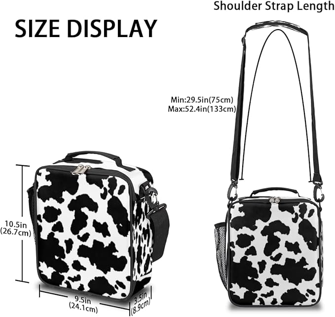 Cow Print Kids Lunch Box Black White Cow Insulated Lunch Bag Tote for Girls Boys Cooler Freezable Meal Prep Bag with Shoulder Strap Waterproof Lunch Container for School Office Picnic