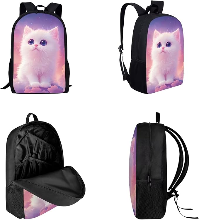 Dolyues White Cat 17-inch School Backpack, Convenient Dual-Shoulder Lunch Bag, & Practical Pencil Pouch – Ideal for Organizing School Supplies & Meals