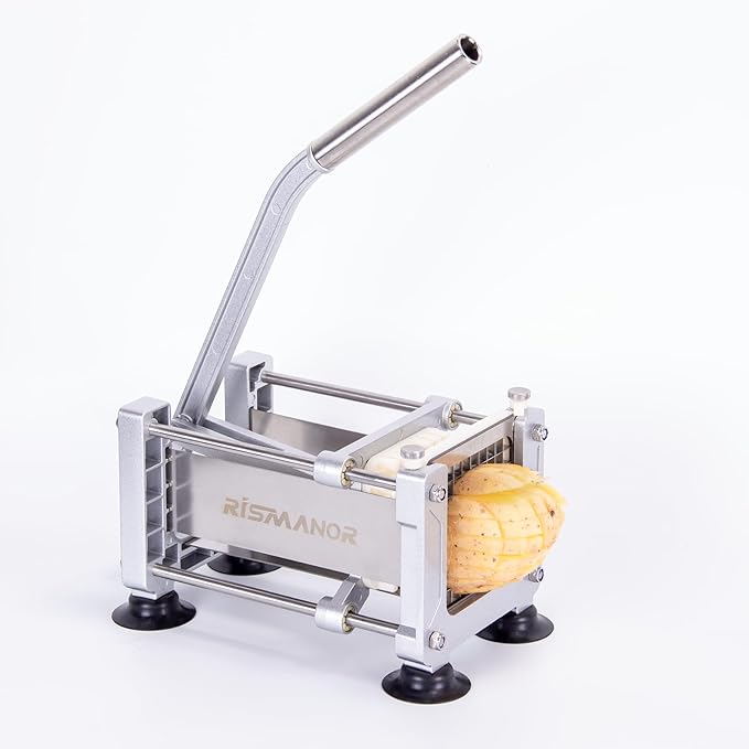 Rismonar French Fry Cutter Stainless Steel Potato Slicer With 1/2in 1/4in 3/8in Blade for Carrots Cucumbers Vegetables (Green, Machine + 1/2 & 3/8)