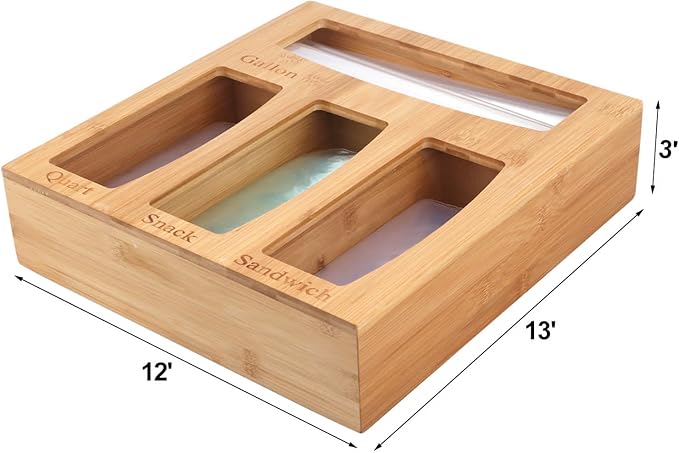 Premium Quality Solid Bamboo One Piece Plastic Bags Organizer, Food Storage Bag Dispenser for Kitchen Drawer, Bamboo Plastic Bag Organizer, Home Organization for Gallon Quart Snack Sandwich Bags