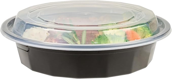 Restaurantware Asporto 24 Ounce To Go Boxes 100 Microwavable Take Out Food Containers - Clear Plastic Lids Included Do Not Contain BPA Black Plastic Catering Food Containers Disposable Round