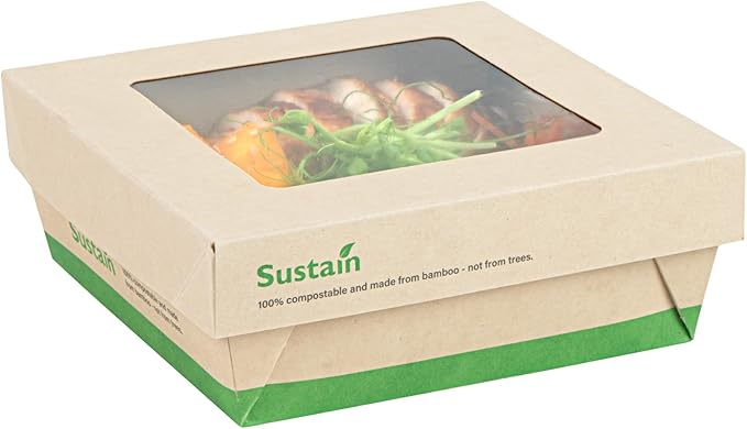 Restaurantware-27 Ounce Sturdy Paper Take Out Boxes, 200 Disposable Take Out Food Containers - With PLA lining, Paper Lid With Clear PLA Window, Bamboo Paper Containers, Compostable, Greaseproof
