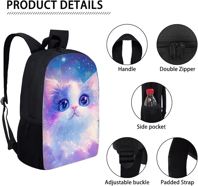 Dolyues Galaxy Cat Backpack Set for School 17-Inch School Backpack, Insulated Lunch Bag & Pencil Case - Adorable 3-Piece Combo for Elementary Students