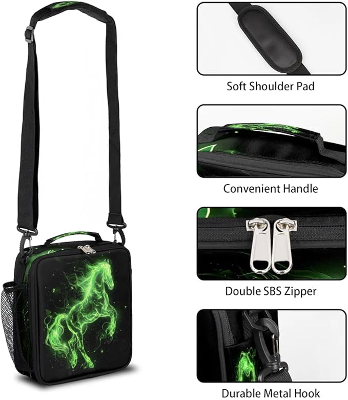 Lunch Box for Kids Boys Girls Green Fire Horse Kids Lunch Bag Insulated Lunch Bag Tote with Adjustable Shoulder Strap Teens Lunchbox Cooler School Picnic