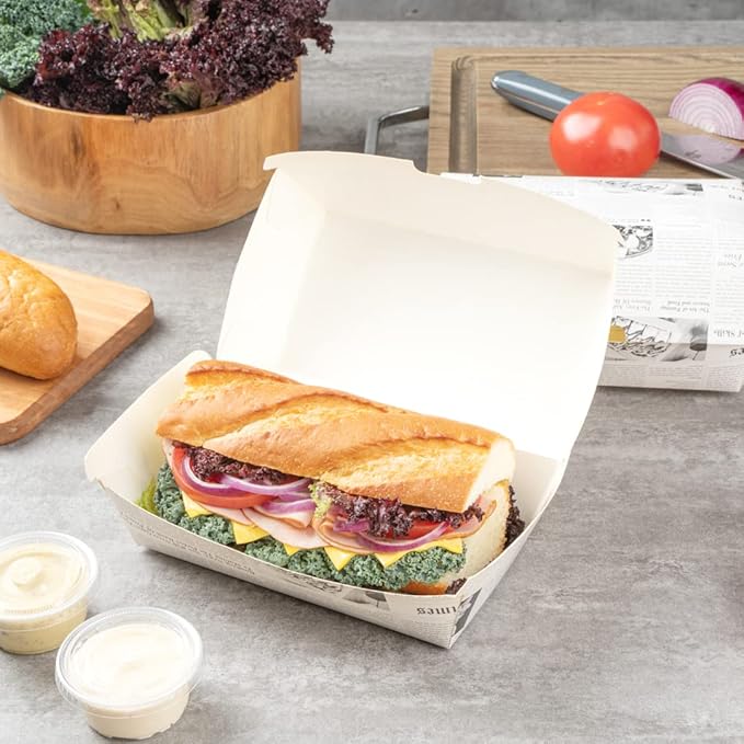 Restaurantware Bio Tek 6.7 x 3.5 x 3.5 Inch Clamshell Food Containers 100 Disposable Sandwich Containers - Hinged Lid Tab-Lock Closure Newsprint Paper Hot Dog Containers Recyclable Greaseproof