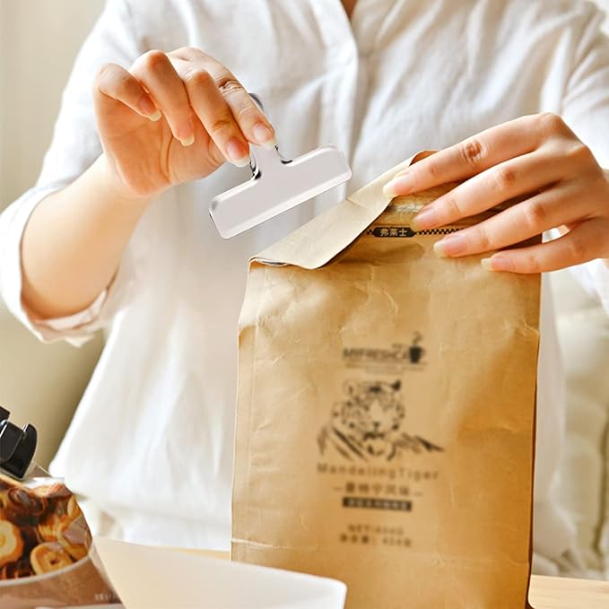 Pack of 8 Heavy Duty Metal Bag Clips, Stainless Steel - Tightly Seals Chip, Coffee, Bread or Cereal Bags to Keep Food Fresh, for Home, Kitchen, Office, Pantry, Camping (Matte Silver)