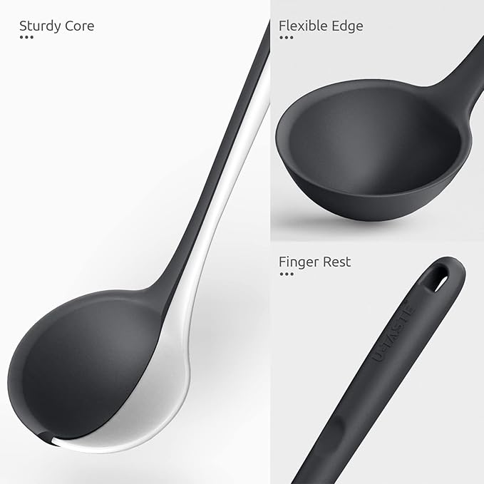U-Taste 10 Piece Measuring Cups and Spoons Set in 18/8 Stainless Steel, and 600ºF Heat Resistant 13 inch Large Non-Stick Silicone Soup Ladle (Black)