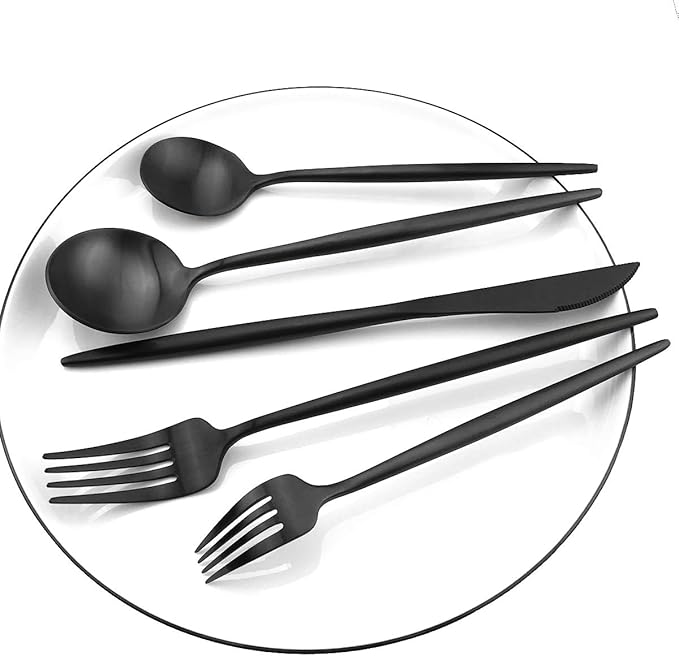 Black Flatware, Royal 5 Piece Luxury Matte Finish 18/10 Stainless Steel Tableware Sets for 1 Including Forks Spoons Knives, Camping Silverware Travel Utensils Set Cutlery (Black)